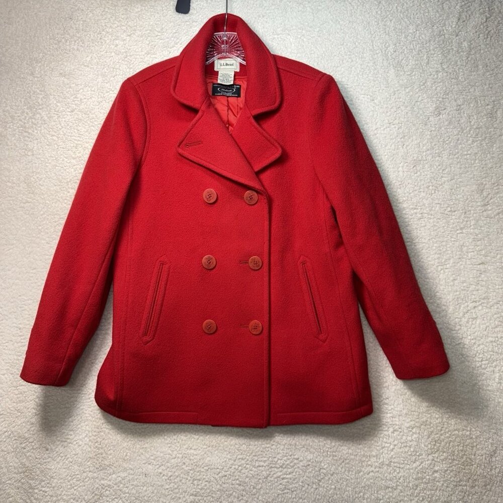 L.L.‎ Bean Pea Coat Womens 12 R Red  100% Wool  Bellandi 260345